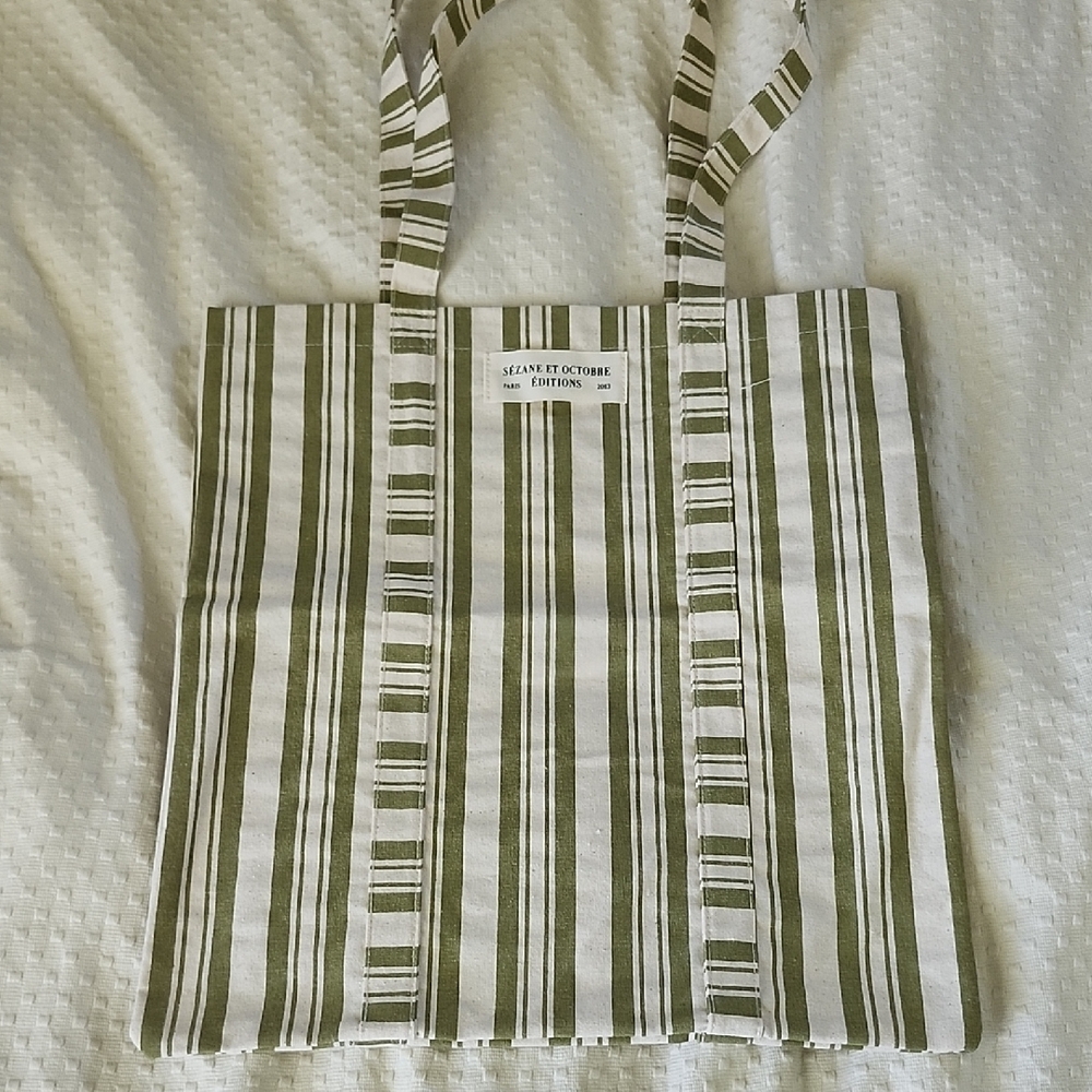 SEZANE Striped Canvas Tote Bag in Olive Green